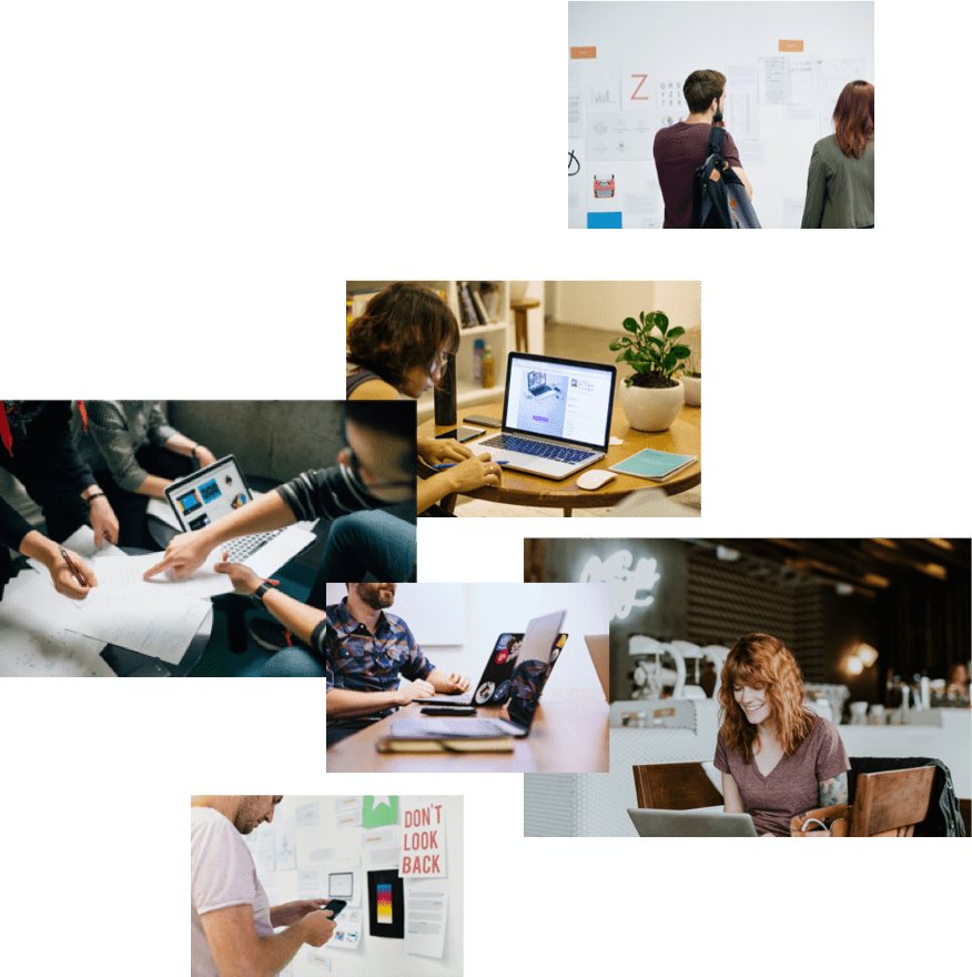 A collage of images showing people coding and learning